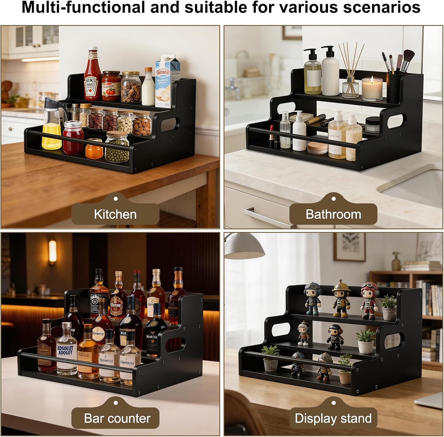 Bamboo Liquor Bottle Display Shelf, 3 Step Countertop Wine Rack, Bar Bottle Stand with Handles & Guardrail, Retro Mini Display Rack for Syrup, Wine, Dressing, Home Kitchen Cafe, Black