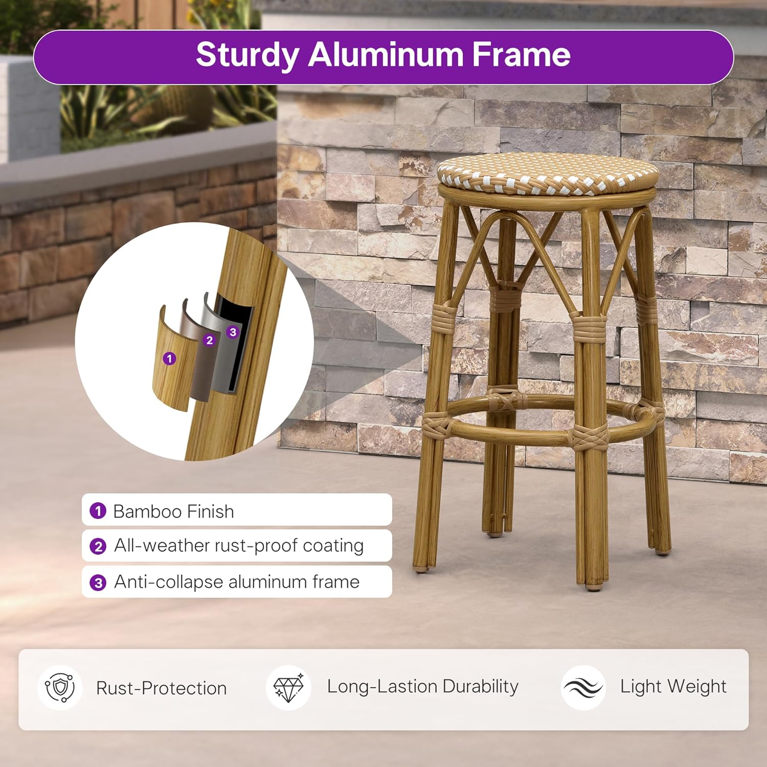 PURPLE LEAF Patio Round Counter Height Stool Set of 2 Outdoor Backless Barstools Aluminum Frame in Bamboo Finish with Amber & White Woven Rattan for Indoor Kitchen Dining Bistros Cafe Restaurant