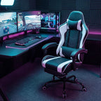 Patiowell Gaming Chair, Ergonomic Video Game Chair with Retractable Footrest and Massaging Lumbar Cushion, Reclining Computer Desk Chair with Adjustable Height, Swivel Seat, and Headrest (White)