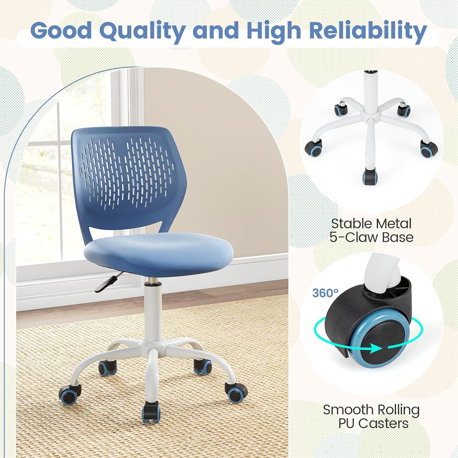 Giantex Modern Kids Desk Chair, Armless Study Chair with Adjustable Height, Ergonomic Office Chair with Wheels, Rolling Swivel Mesh Task Desk Chair for Girls Boys Teens, Blue