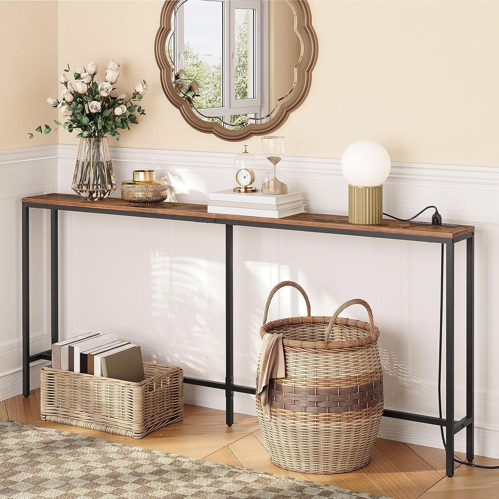 MAHANCRIS 70.9'' Console Table with Power Outlet, Narrow Sofa Table with Charging Station, Skinny Behind Couch Table for Entryway, Hallway, Foyer, Living Room, Rustic Brown CTHR18E01Z1