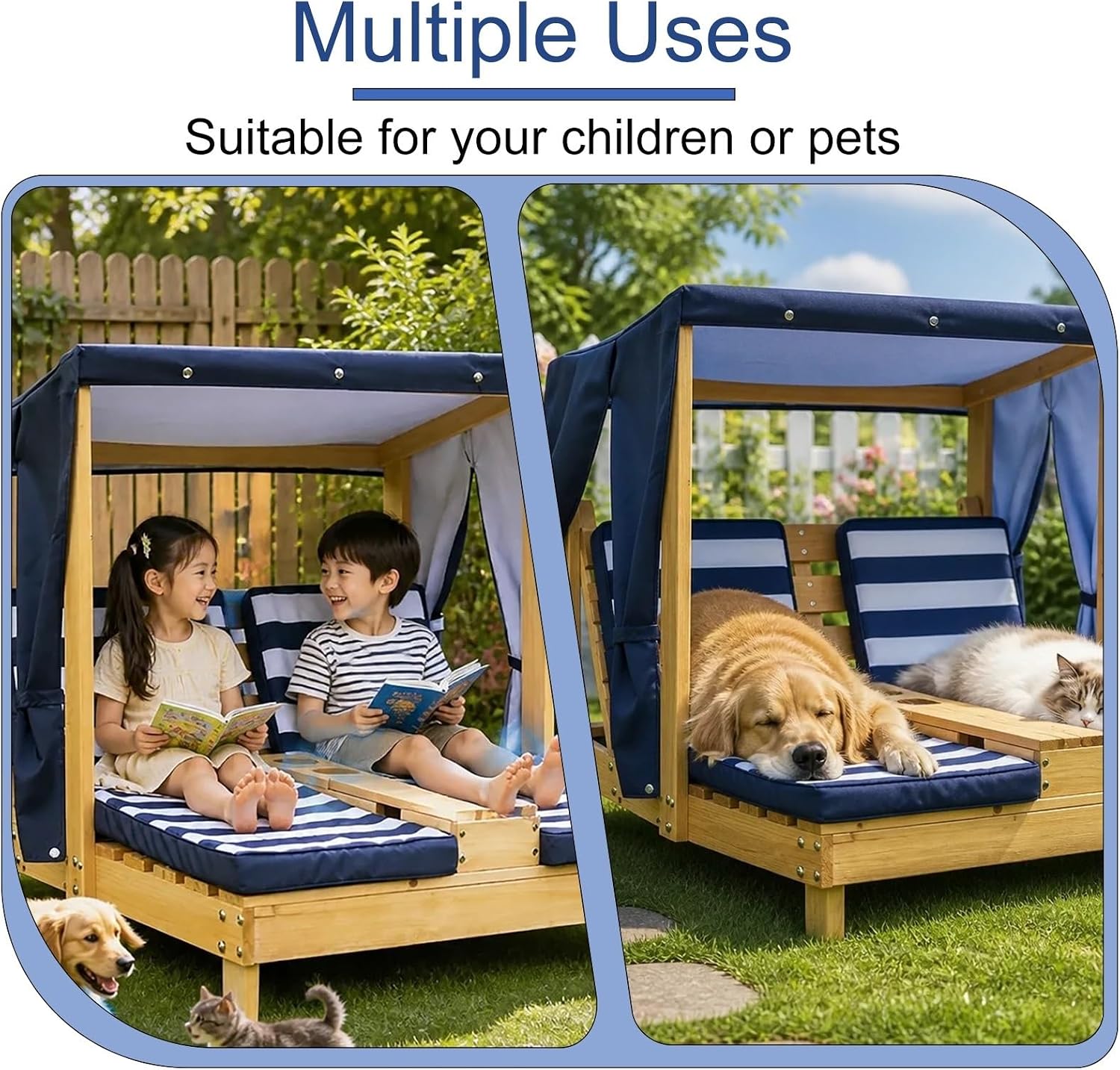 Kids Chaise Lounge Chair Outdoor, Toddler Wood Double Pool Lounger Chairs w/Canopy, Cup Holders, Removable Stripped Fabric Cushions, for Lawn, Pool, Garden, and Yard(Light Blue)