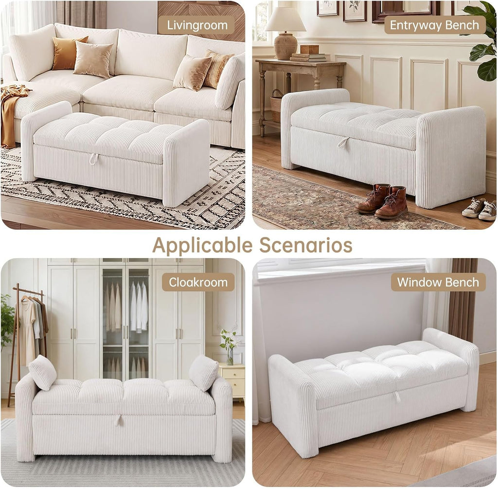 Storage Bench for Bedroom End of Bed, Upholstered Storage Ottoman Bench with Pillows for Foot of Bed, Bedroom,Living Room, Entryway, Corduroy White