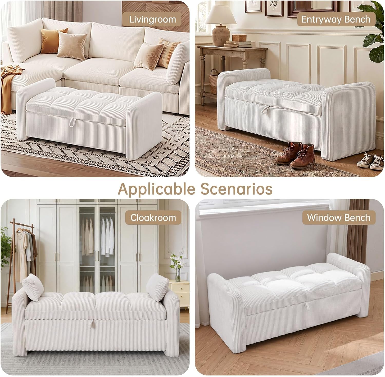 Storage Bench for Bedroom End of Bed, Upholstered Storage Ottoman Bench with Pillows for Foot of Bed, Bedroom,Living Room, Entryway, Corduroy White