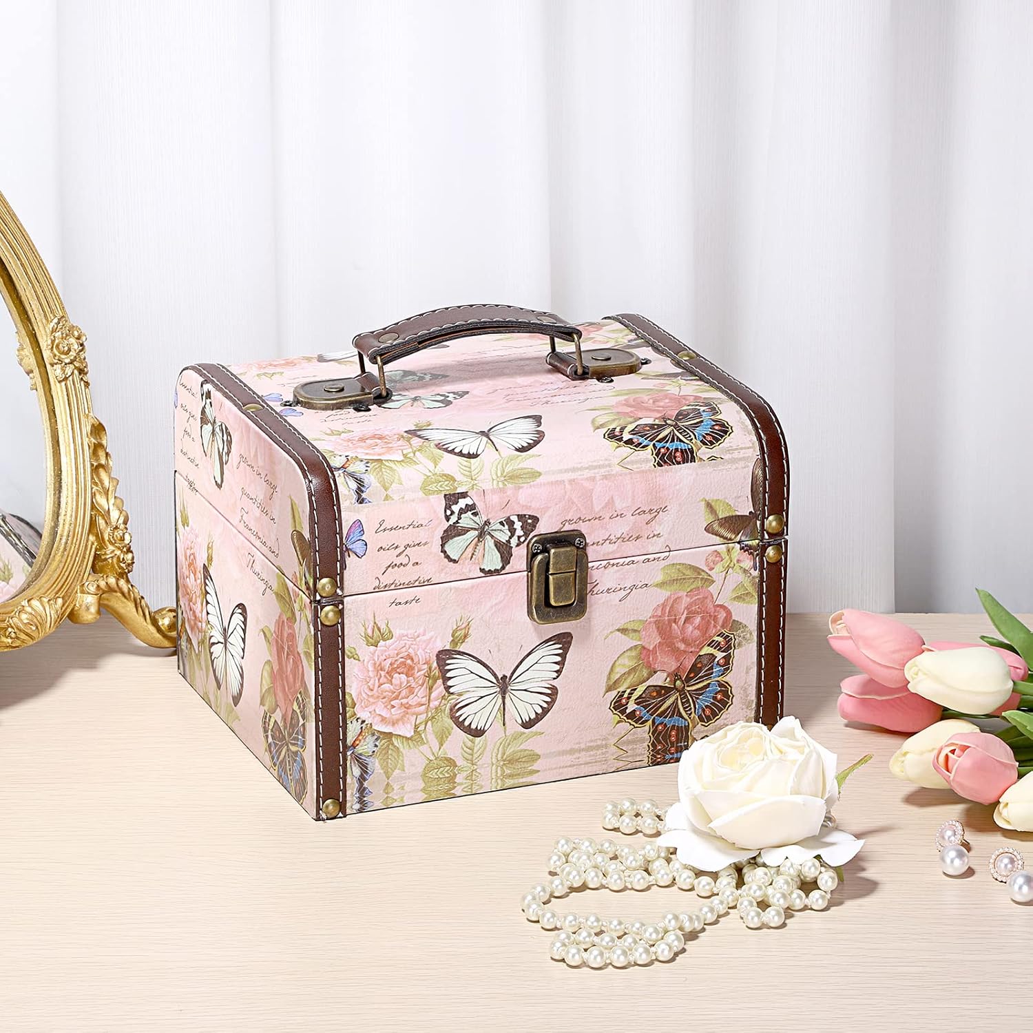 ELLDOO Decorative Treasure Chest Box, Wooden + PU Leather Storage Box for Jewelry Trinkets, Keepsakes box for Girls Women Gifts (Butterfly Pattern, Large)