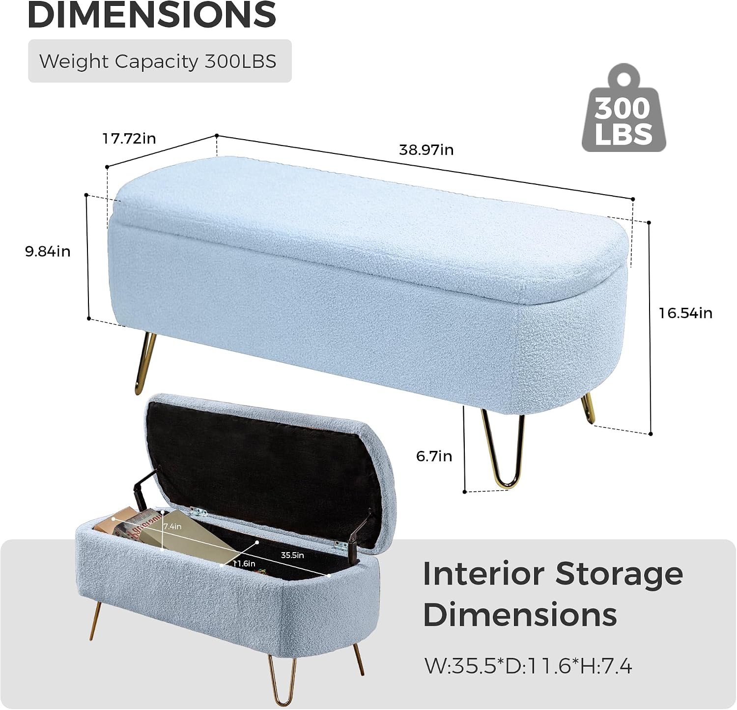 Ottoman with Storage, Small Boucle Storage Ottoman Bench,Upholstered Entryway End of Bed Bench with Cushion and Gold Legs for Bedroom Living Room, Light Blue