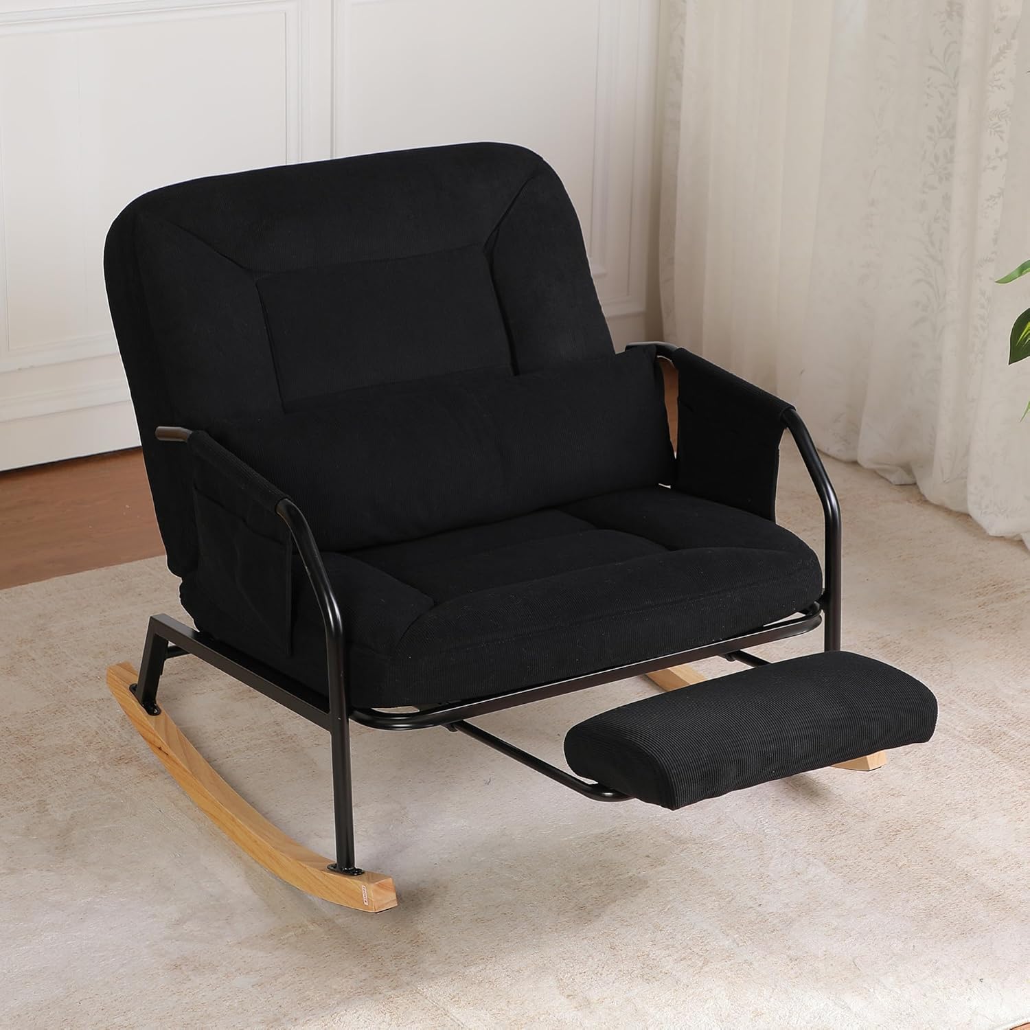 Oversized Reclining Rocking Chair with Foot Rest, 110°–160° Adjustable Backrest, Upholstered Armchair with Side Pocket for Nursery and Living Room, Black