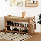 39Inch Bench with Storage, Bamboo Entryway Bench with Drawer & Magazine Rack, Upholstered Cushioned Seat, Shoe Bench for Entryway, Living Room, Bedroom End of Bed (Natural Bamboo)