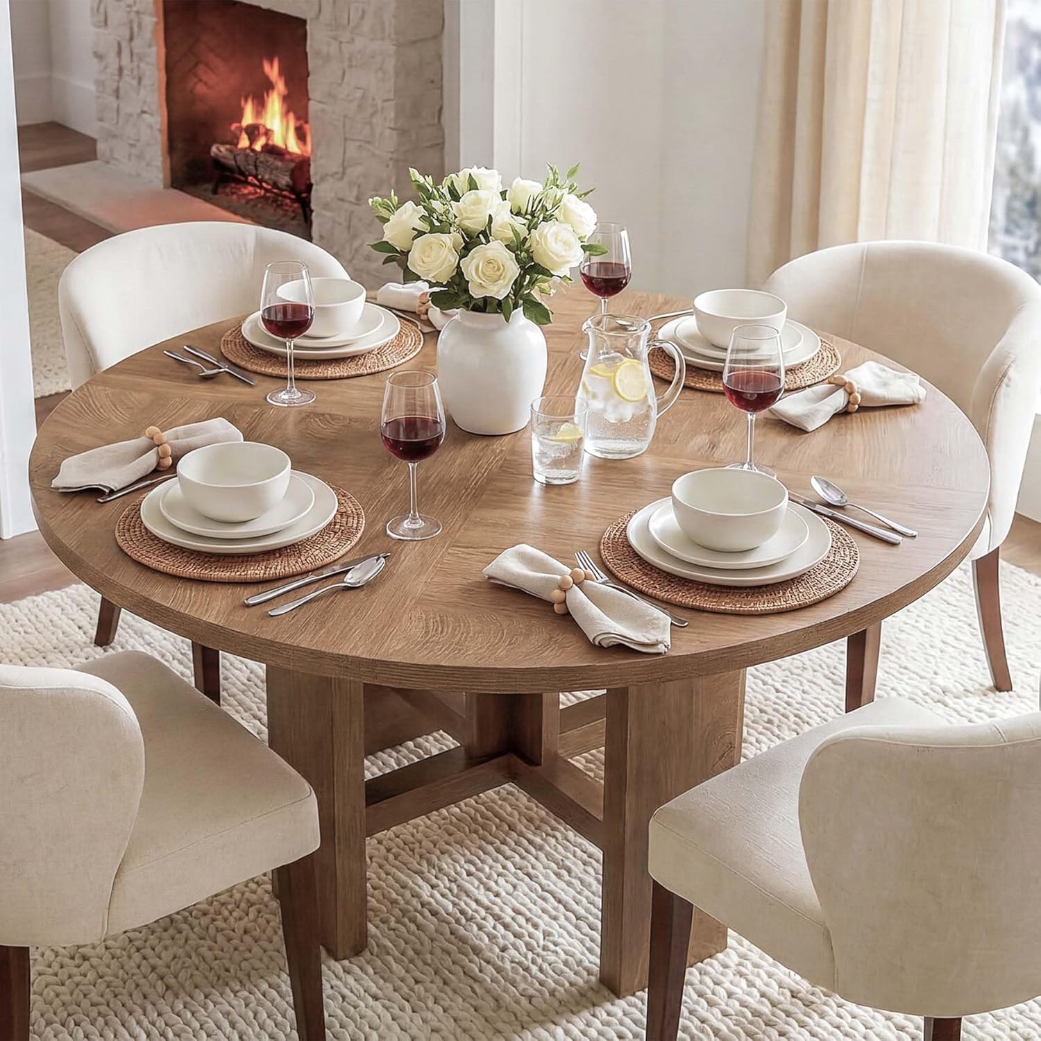 LITTLE TREE 47 inch Round Dining Table, Round Kitchen Table for 6, Farmhouse 47" Dinner Room Tables, Rustic Circle Tables for Kitchen, Dining
