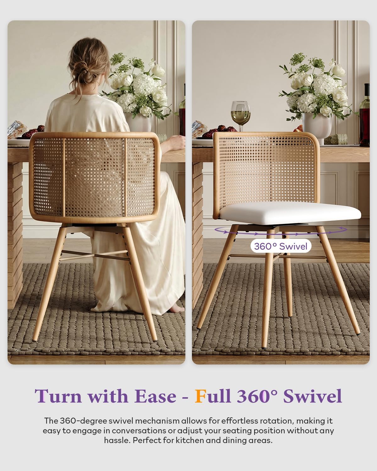 TYBOATLE Swivel Rattan Dining Chairs Set of 6, Farmhouse Boho Dining Room Chair with Rattan Woven Back and Faux Leather Seat, Upholstered Kithchen Chairs (Cream White)