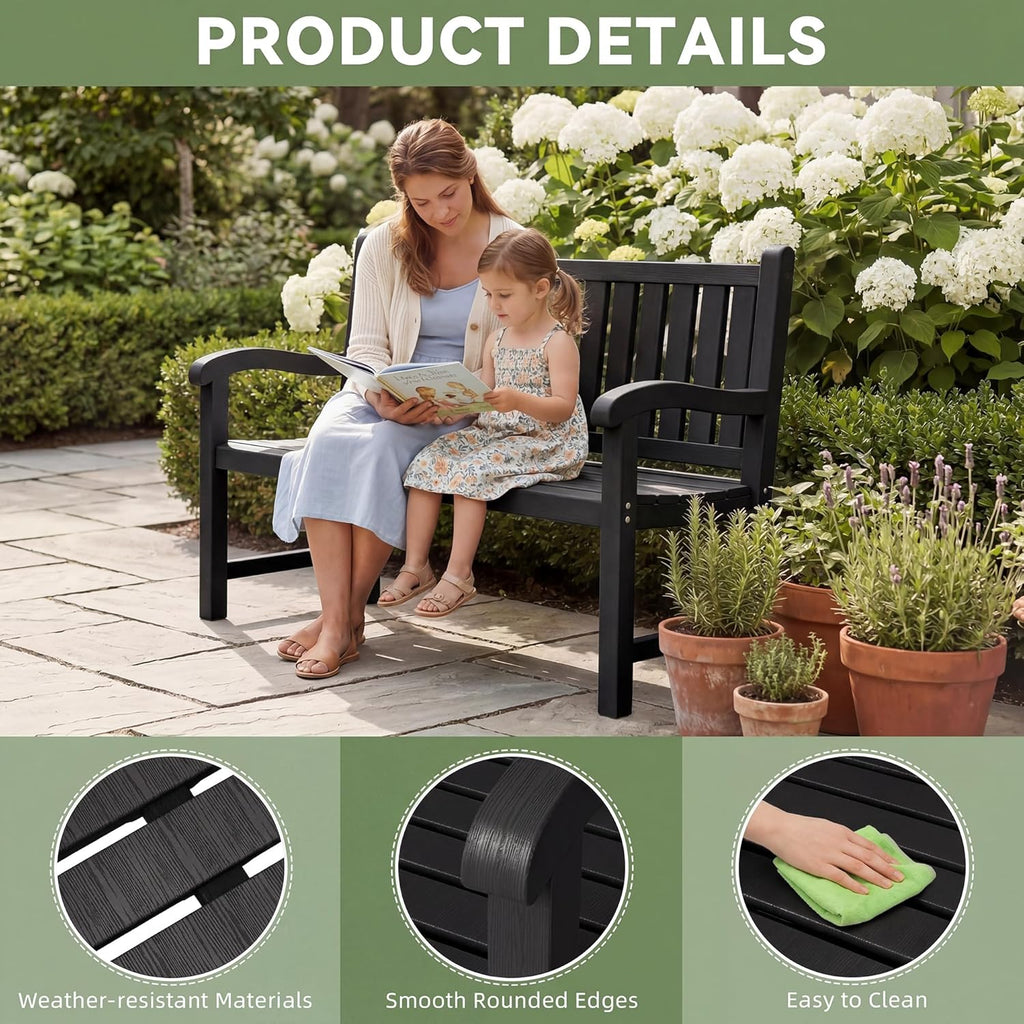 Outdoor Bench, 2-Person Outdoor Benches Weatherproof with 600 lbs Weight Capacity, Low Maintenance, Garden Bench for Patio, Park, Porch, Backyard, Balcony and School (Black)