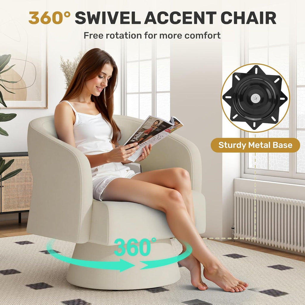 Nebuaegis Swivel Accent Chair Set of 2, Modern Comfy Chenille Barrel Chairs, Oversized Upholstered Round Arm Chair for Living Room, Bedroom, Reading Room, Beige
