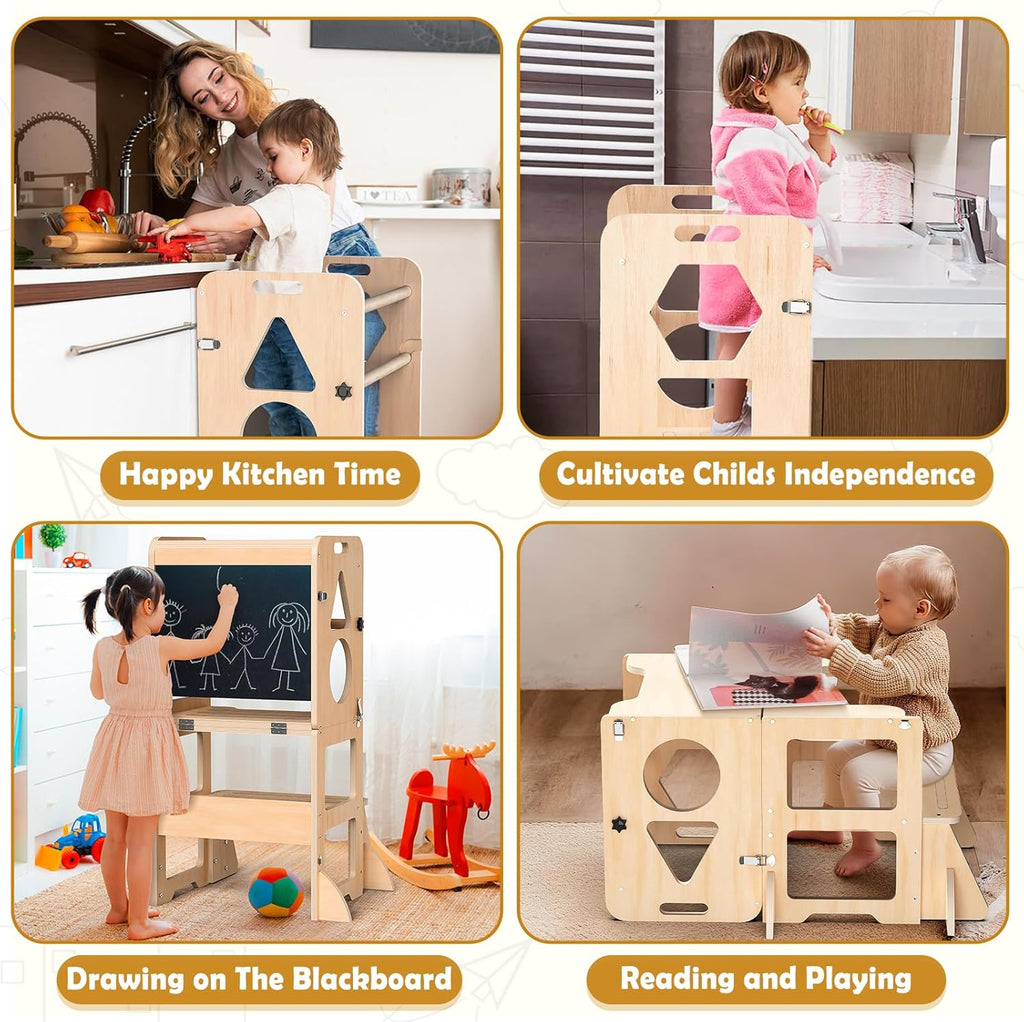 Toddler Standing Tower with Anti-Fall Buckle, 4-in-1 Anti-Slip Toddler Kitchen Step Stool with Blackboard, Foldable Wooden Kitchen Stool Helper for Kids, 1-3 Year Old Boy Girl Gifts