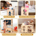 Toddler Standing Tower with Anti-Fall Buckle, 4-in-1 Anti-Slip Toddler Kitchen Step Stool with Blackboard, Foldable Wooden Kitchen Stool Helper for Kids, 1-3 Year Old Boy Girl Gifts