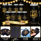 40th Birthday Party Decorations Slim Can Cooler Sleeves, Neoprene Can Sleeves for 12 oz Cans & Bottles, 12 Pack Black and Gold 40th Birthday Gift for Men & Women, 4 Design