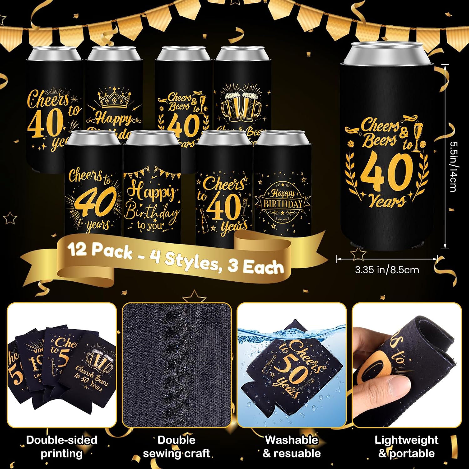 40th Birthday Party Decorations Slim Can Cooler Sleeves, Neoprene Can Sleeves for 12 oz Cans & Bottles, 12 Pack Black and Gold 40th Birthday Gift for Men & Women, 4 Design