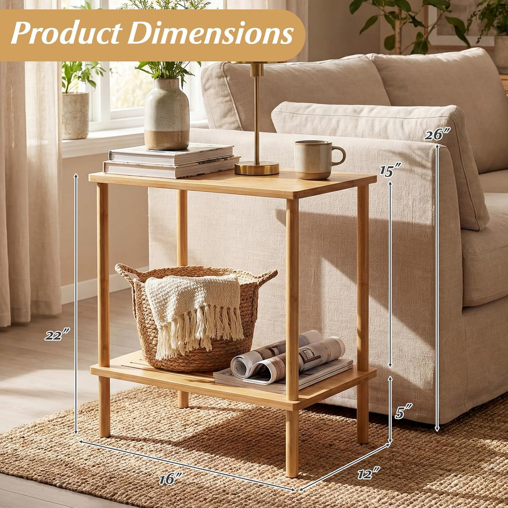 Giantex Bamboo Side Table Set of 2, 2-Tier Sofa End Bedside Table w/Storage Shelves, Rectangular Accent Coffee Tables, Narrow Nightstand for Small Spaces, Boho Night Stand for Living Room Bedroom