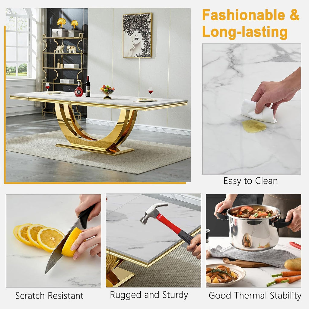 94 in Luxury Faux Marble Dining Table for 6 8 10 People, White Faux Marble Dining Table with Gold U Shaped Stainless Steel Base, Large Rectangular Modern Kitchen Dining Room Table for Family Gathering