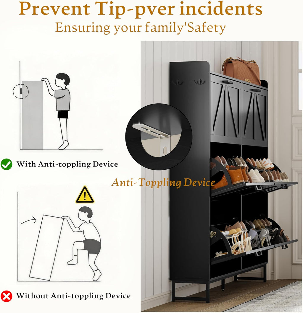 Wodeer Shoe Cabinet Storage for Entryway, Shoe Storage Cabinet with 6 Flip Drawers, Freestanding Narrow Shoe Rack Organizer with Metal Legs, Adjustable Shelves & Open Storage for Foyer, Hallway, Black