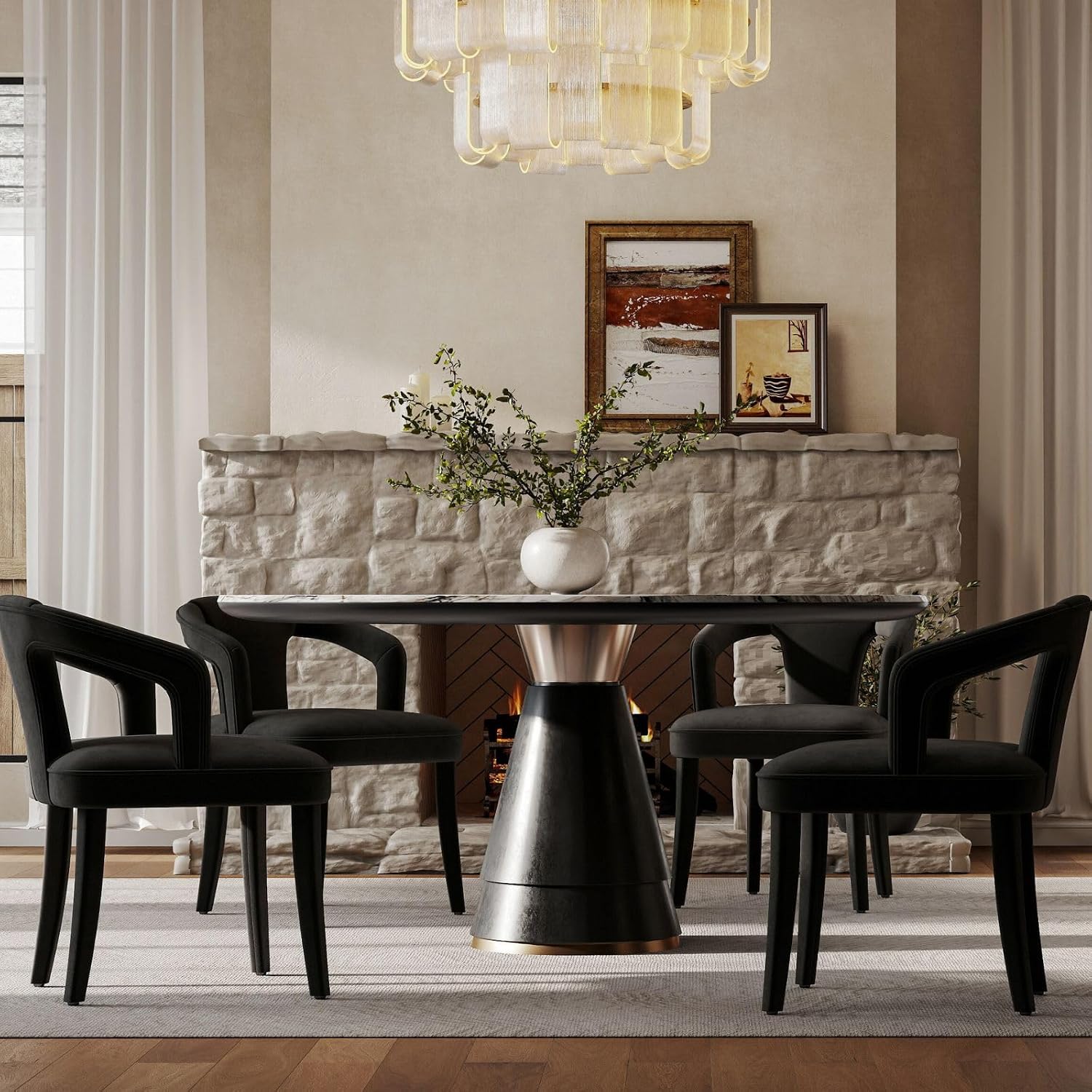 Modern Black Dining Chairs Set of 4, Velvet Upholstered Boucle Dining Chair with Arms, Accent Side Chair for Kitchen & Dining Room Living Room Restaurant Reception
