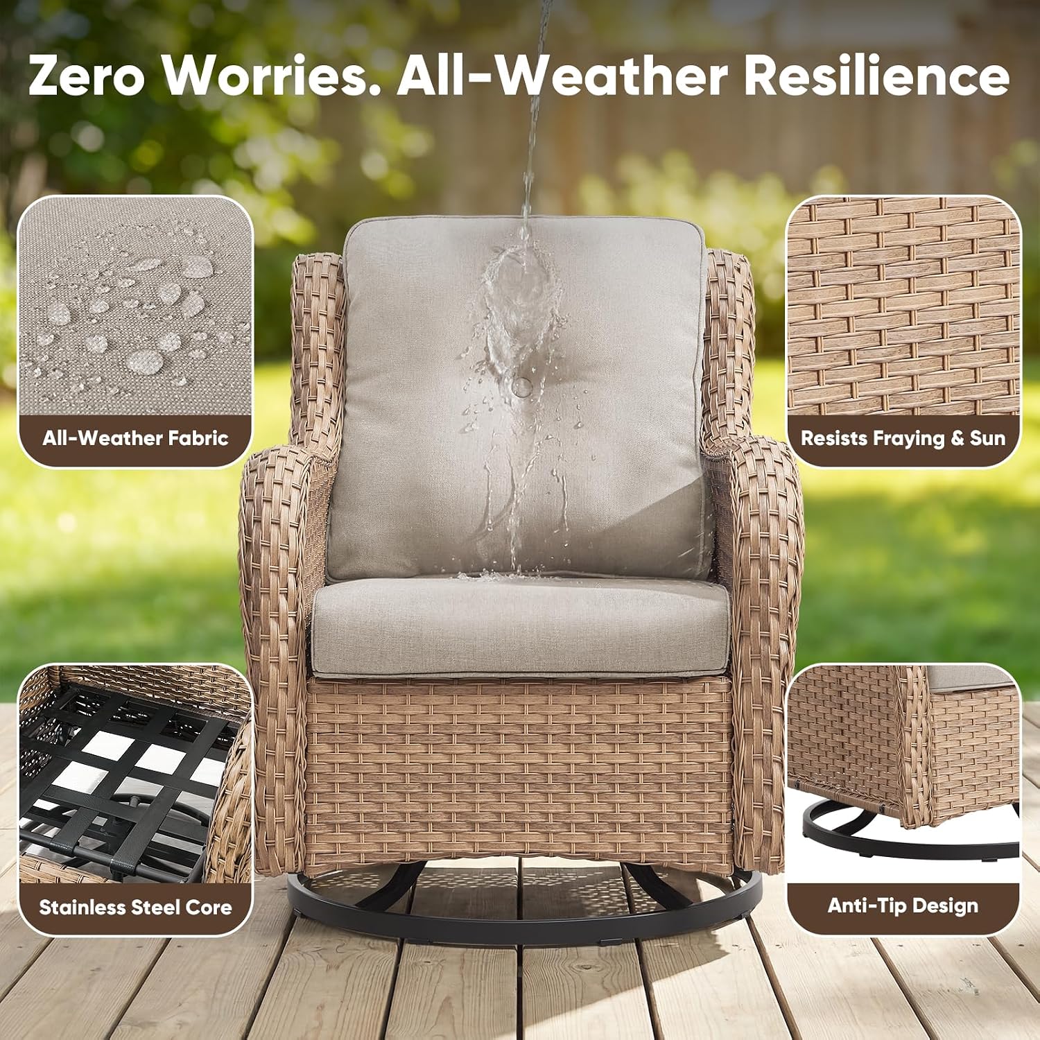 Belord 5 Piece Wicker Patio Furniture Set, Outdoor Swivel Rocker Chairs Set of 2 with Ottomans and Side Table, All Weather Patio Conversation Furniture Set, for Porch Pool, Yellow Wicker/Beige