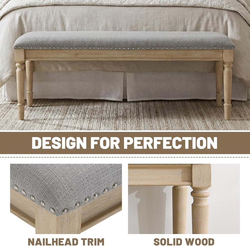 chairus Farmhouse Dining Bench 46" Wooden Entryway Bench with Padded Seat and Nailhead Trim for Kitchen Bedroom,Indoor and Hallway, Grey Linen