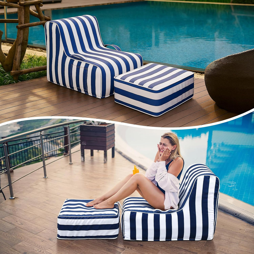 Gemscream Outdoor Inflatable Bean Bag Chair and Ottoman, Portable Inflatable Bean Bag and Ottoman with Handle for Patio Garden Home Boho Decorative Living Room(Blue and White Stripes)