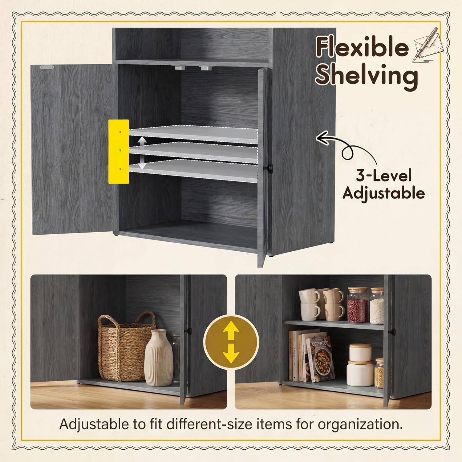YESHOMY Farmhouse Bookshelf and Bookcase with Storage, 71.5" Tall Industrial Bookshelves and Bookcases with Doors, 4-Tier Floor Standing Tall Display Cabinet for Home Office, Living Room, Gray, 1 PCS