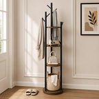 Espelism Rotary Coat Rack Stand, Freestanding Metal Hall Tree with 9 Hooks | 4-tier coat stand with wood storage shelves. Ideal for entryway, bedroom, corner or office clothing organization.Brown