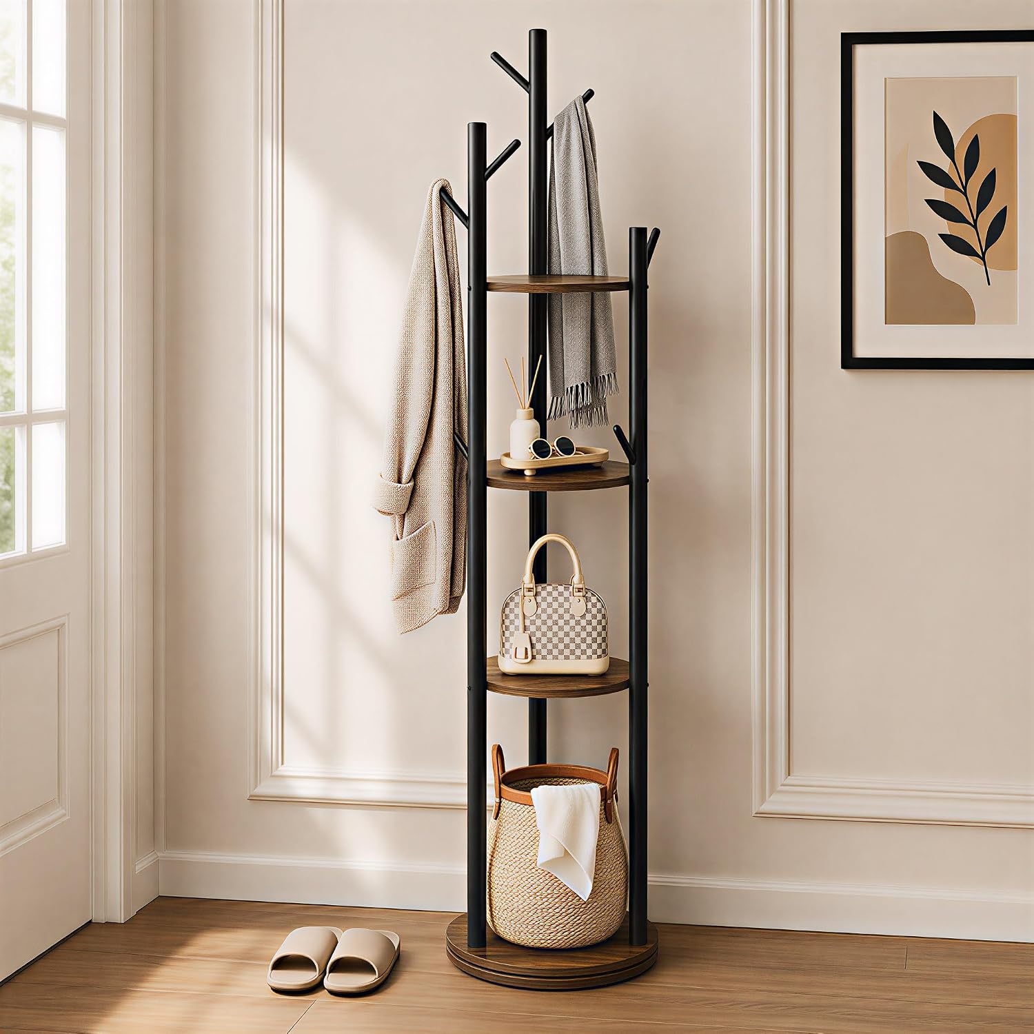 Espelism Rotary Coat Rack Stand, Freestanding Metal Hall Tree with 9 Hooks | 4-tier coat stand with wood storage shelves. Ideal for entryway, bedroom, corner or office clothing organization.Brown