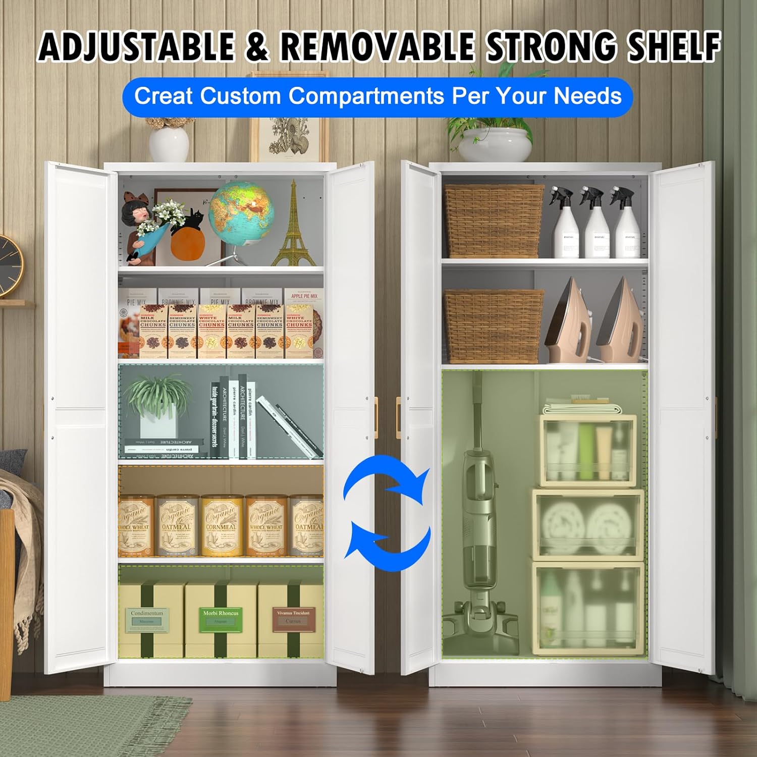 Polup White Kitchen Pantry Cabinet, 71 Inch Tall Metal Storage Cabinet with Doors and Shelves, Pantry Cabinets for Kitchen Storage, Freestanding Cupboard for Living, Dining Room, Assemble Required