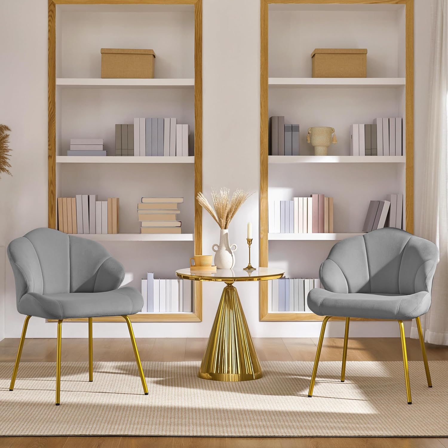 Yaheetech Vanity Chair, Velvet Accent Chair with Shell-Shaped Backrest, Modern Armchair with Gold Metal Legs for Dressing Room/Bedroom/Living Room, Light Gray