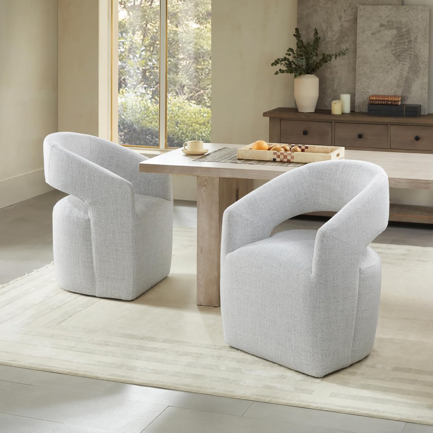 KISLOT Upholstered Dining Chairs with Casters, No Assembly Modern Barrel Armchair with Rollers for Dining Room, Bedroom, Living Room, Reading Room, Home Office, Set of 2, Light Grey