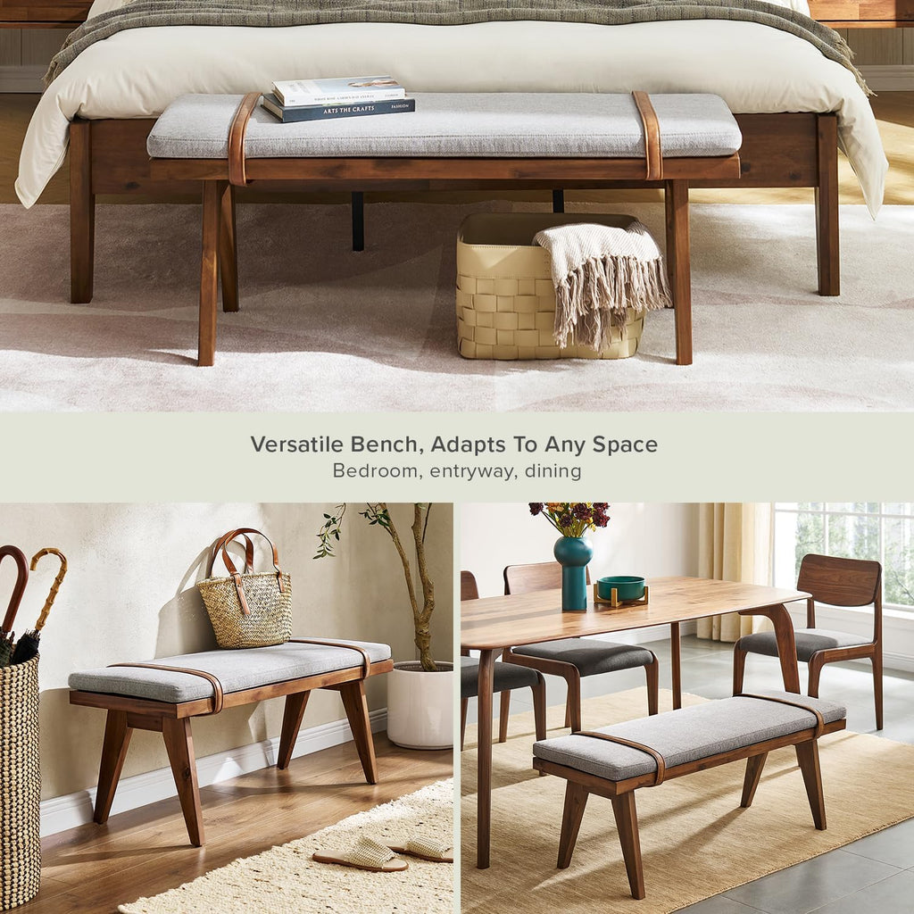mopio Ted Mid-Century Modern End of Bed Wood Bench, Entryway Shoe Bench with Removable Fabric Cushion for Bedroom, Indoor Dining Room, Hallway, Supported with Acacia Solid Wood Legs Extra Sturdy