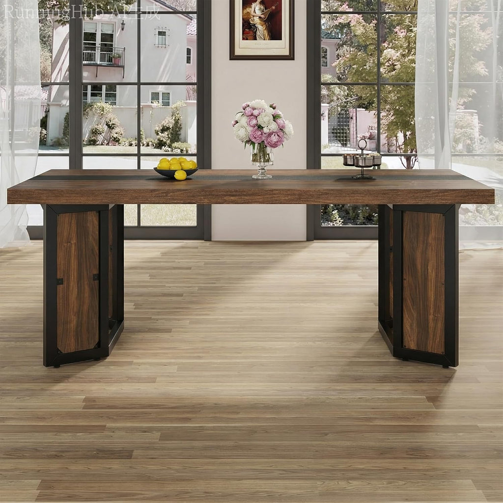 Industrial Dining Table for 6-8 People, 71" Large Long Wooden Kitchen Table with Sturdy Metal Frame & Brown Finish, Rustic Style Rectangular Dinner Table for Dining Room, Kitchen (Reddish Brown )