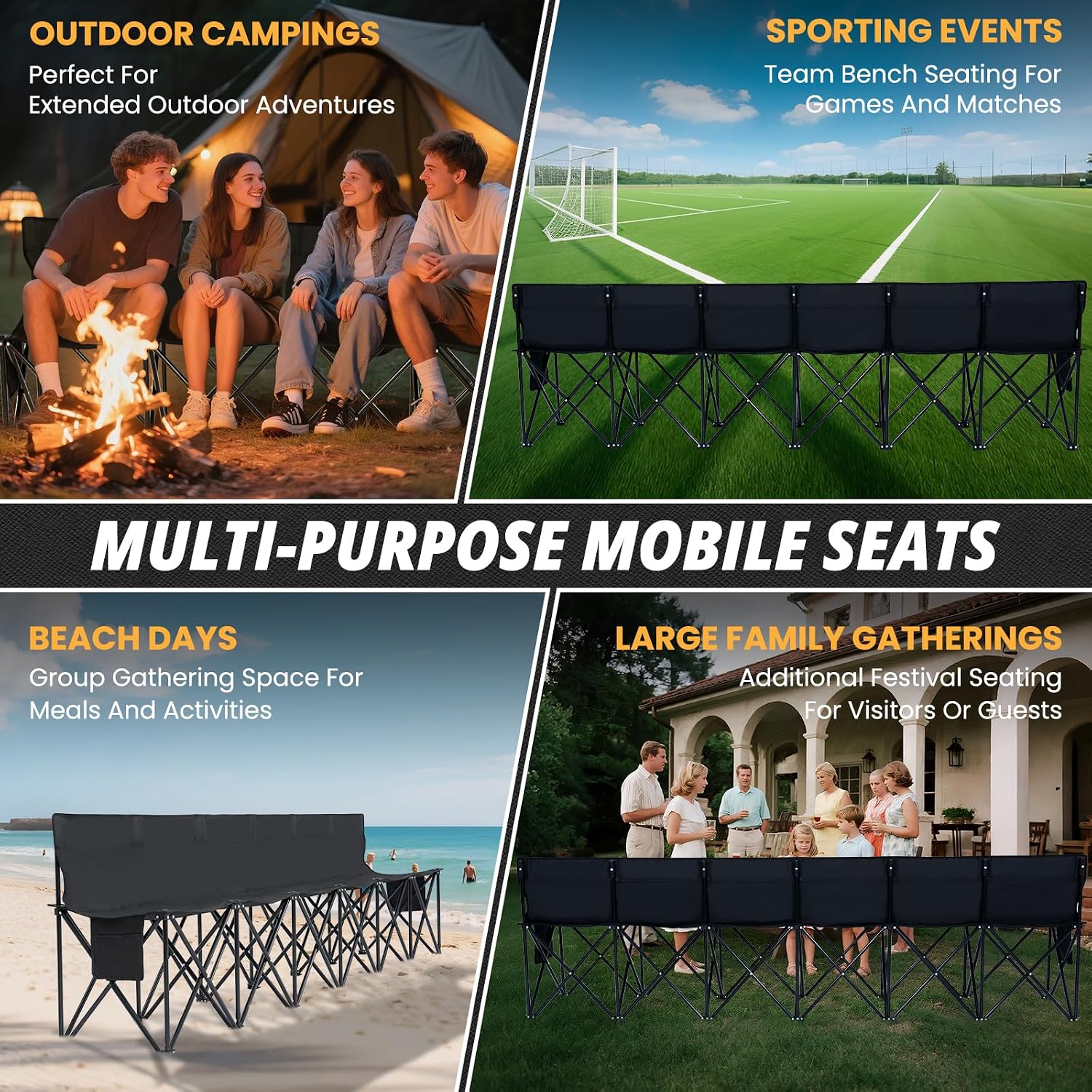 Begonia.K 6 Seats Portable Folding Soccer Benches for Team - Foldable Sideline Bench with Pockets & Carry Bag - Lightweight Team Chair for Football Camp Outdoor Sports Events