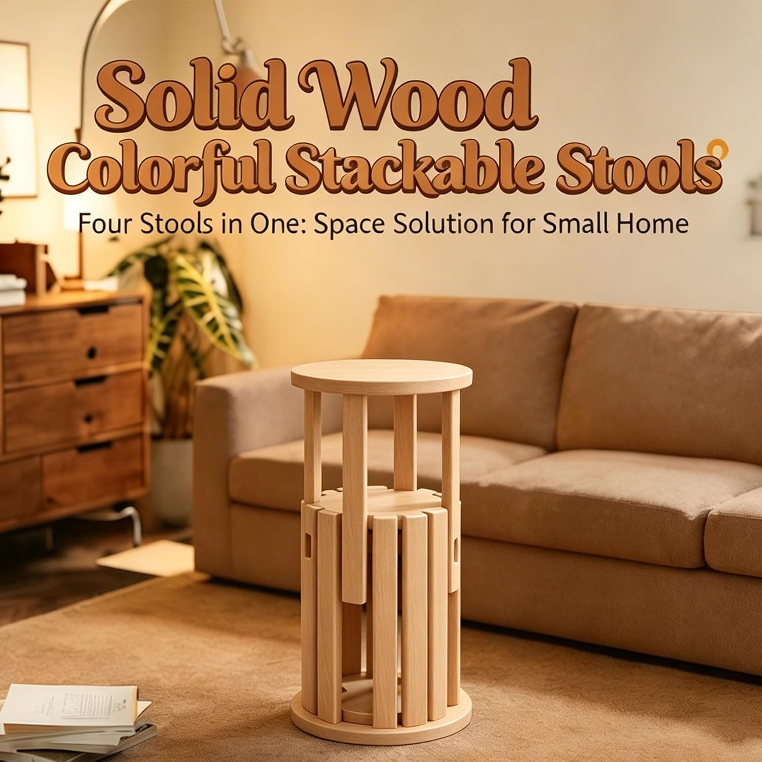 Stackable Stools Set of 4,Round Wood Stool Side Table/18 H Stackable End Tables,Versatile as Side Table Stool Chairs,Bedside Table,Coffee Table (Natural Color)