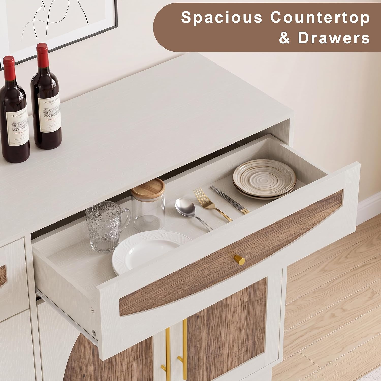 63'' Arched Door Sideboard Buffet Cabinet with Drawers, White and Natural | Modern Farmhouse, Two-tone, Removable Shelves, Metal Handle, Large Storage Space, Wooden Storage Cabinet, Coffee Bar Station