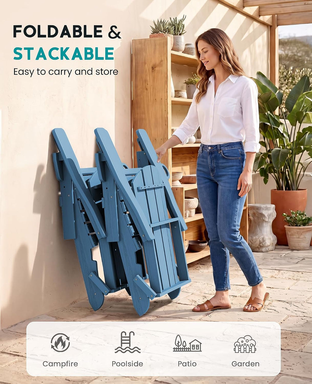 SERWALL Folding Adirondack Chair Set of 2, Adjustable Adirondack Chair with 3 Recline Positions, All Weather HDPE Outdoor Adirondack with Cup Holders, Blue