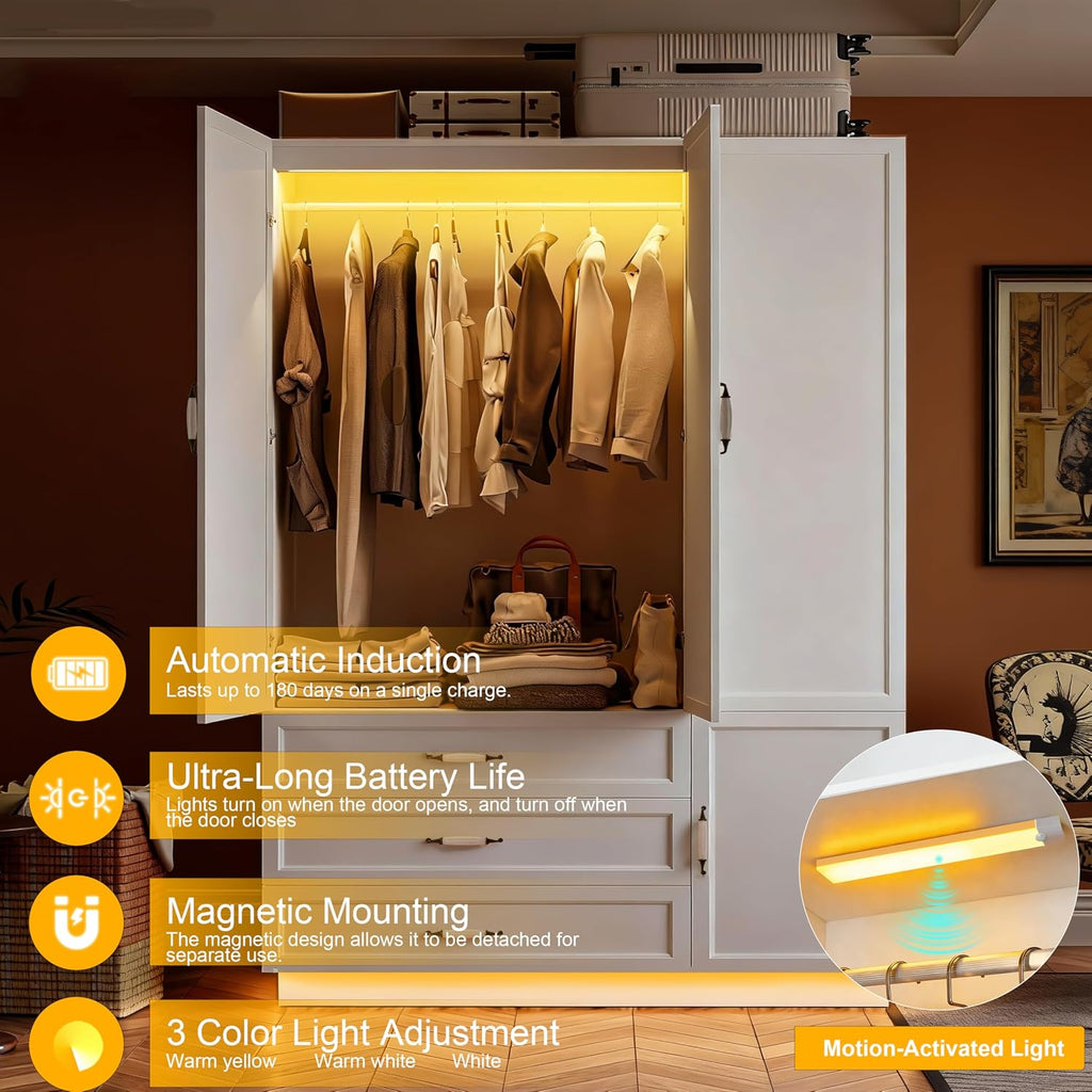 72" Wooden Armoire Wardrobe Closet with 3 Door White Bedroom Armoire with LED Light 3 Drawers Large Modern Wardrobe Cabinet with Retro Ceramic Door Handles and Removable Hanging Rod