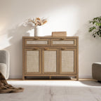 SICOTAS Rattan Sideboard Buffet Cabinet with Storage, Boho Credenza Accent Cabinet with 3 Doors and 2 Drawers, Farmhouse Console Coffee Bar for Kitchen, Living Room, and Entryway, Caramel Oak