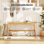 GOFLAME 39.5” Bamboo Dining Bench with Rattan Seat, Farmhouse End of Bed Bench for Bedroom, Boho Accent Bench Seat for Entryway, Living Room, Dining Room, 660 LBS Load Capacity