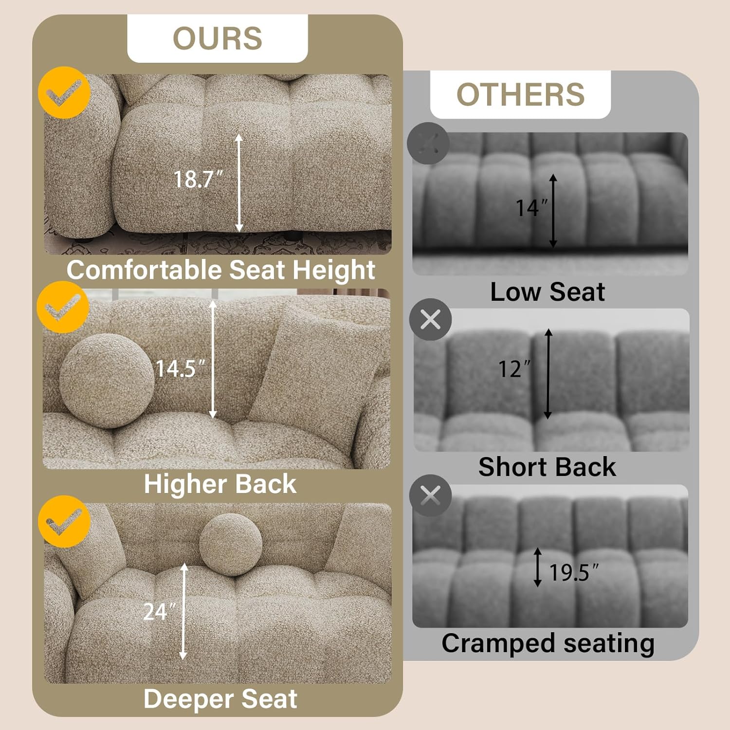 DAMAIFROM 65" Chenille Cloud Sofa Couch, Modern Deep Seat Loveseat Sofa, Comfy Upholstered Couch with 3 Pillows, Oversized Accent Armchair for Living Room Apartment Office, Light Brown