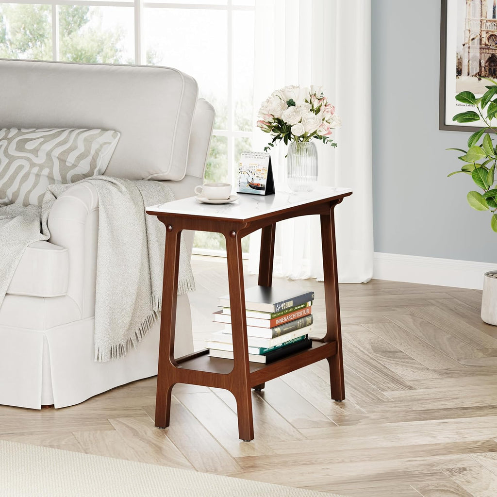Skinny Side Table Slim Nightstand with Storage Shelf and Marble Top, Farmhouse Brown Narrow End Table Small Night Stand Bedside Table for Small Spaces Living Room Bedroom Sofa Couch