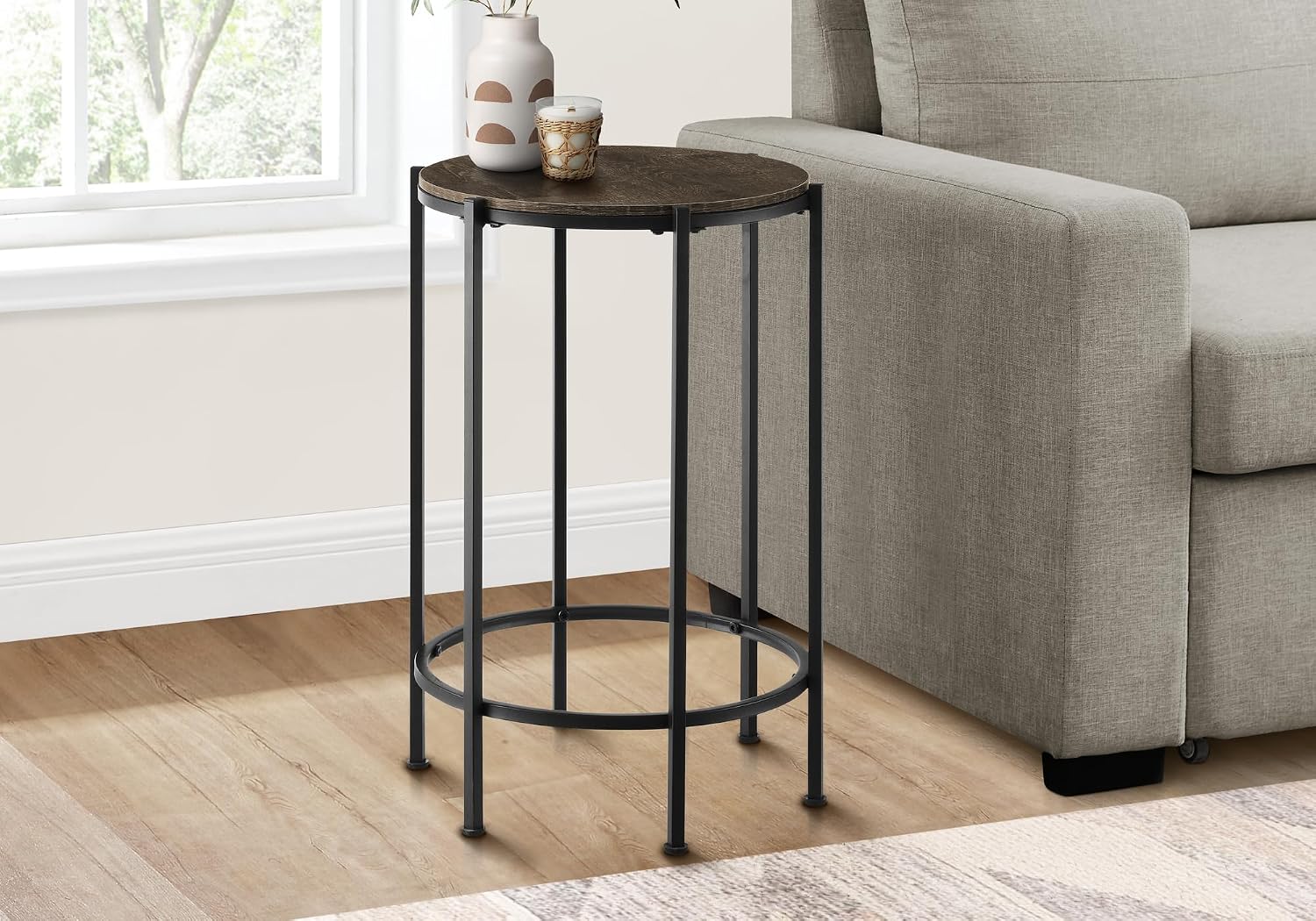 Monarch Specialties I 3756 Accent Table, End, Round, Side Table, Bedroom, Nightstand, Dark Oak, Black Metal