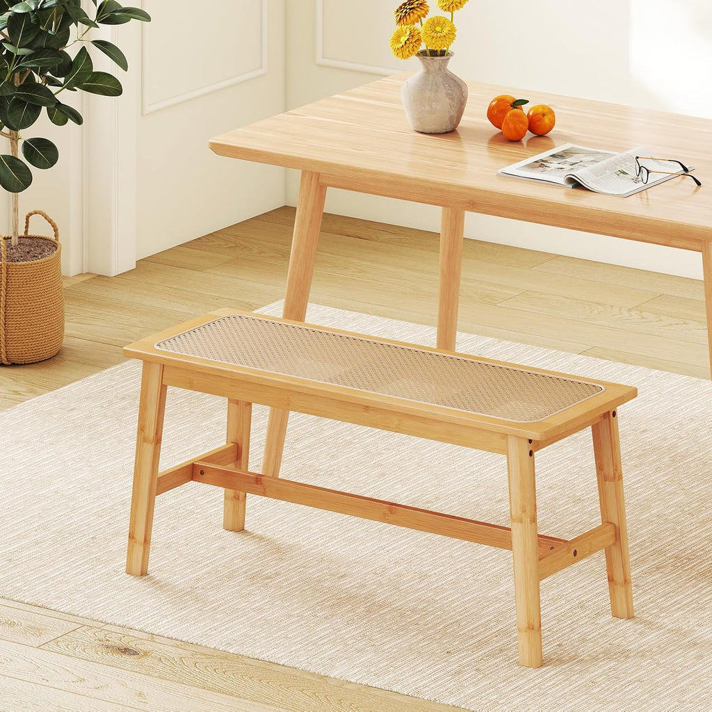 GOFLAME 39.5” Bamboo Dining Bench with Rattan Seat, Farmhouse End of Bed Bench for Bedroom, Boho Accent Bench Seat for Entryway, Living Room, Dining Room, 660 LBS Load Capacity
