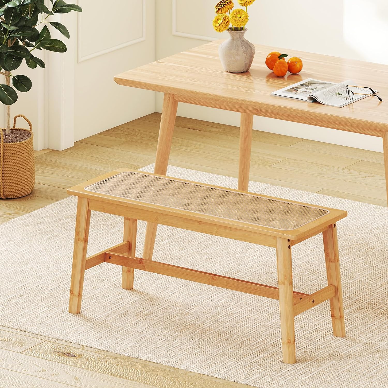 GOFLAME 39.5” Bamboo Dining Bench with Rattan Seat, Farmhouse End of Bed Bench for Bedroom, Boho Accent Bench Seat for Entryway, Living Room, Dining Room, 660 LBS Load Capacity