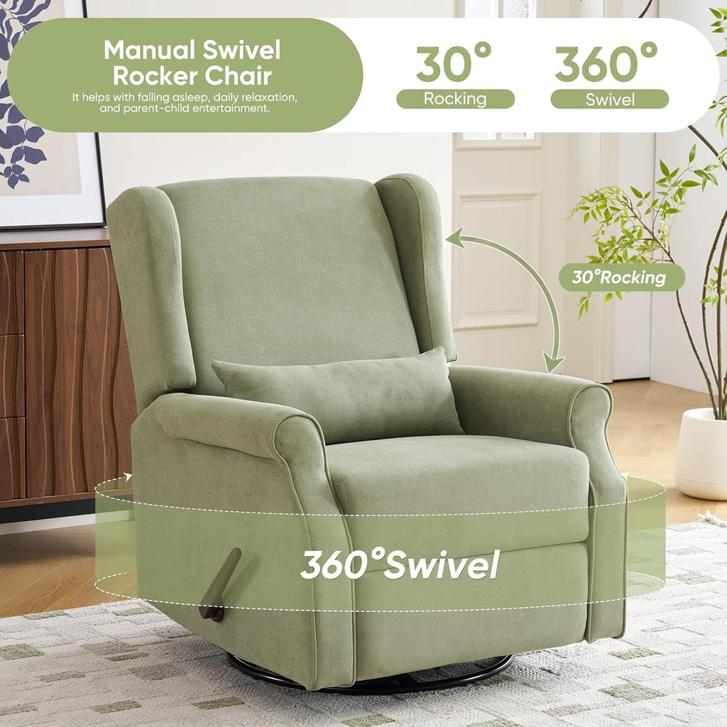 360°Swivel Rocker Recliner, Nursery Rocking Chair with Lumbar Pillow,Glider Recliner Nursery Chair for Small Spaces,Living Room & Bedroom,Chenille Green