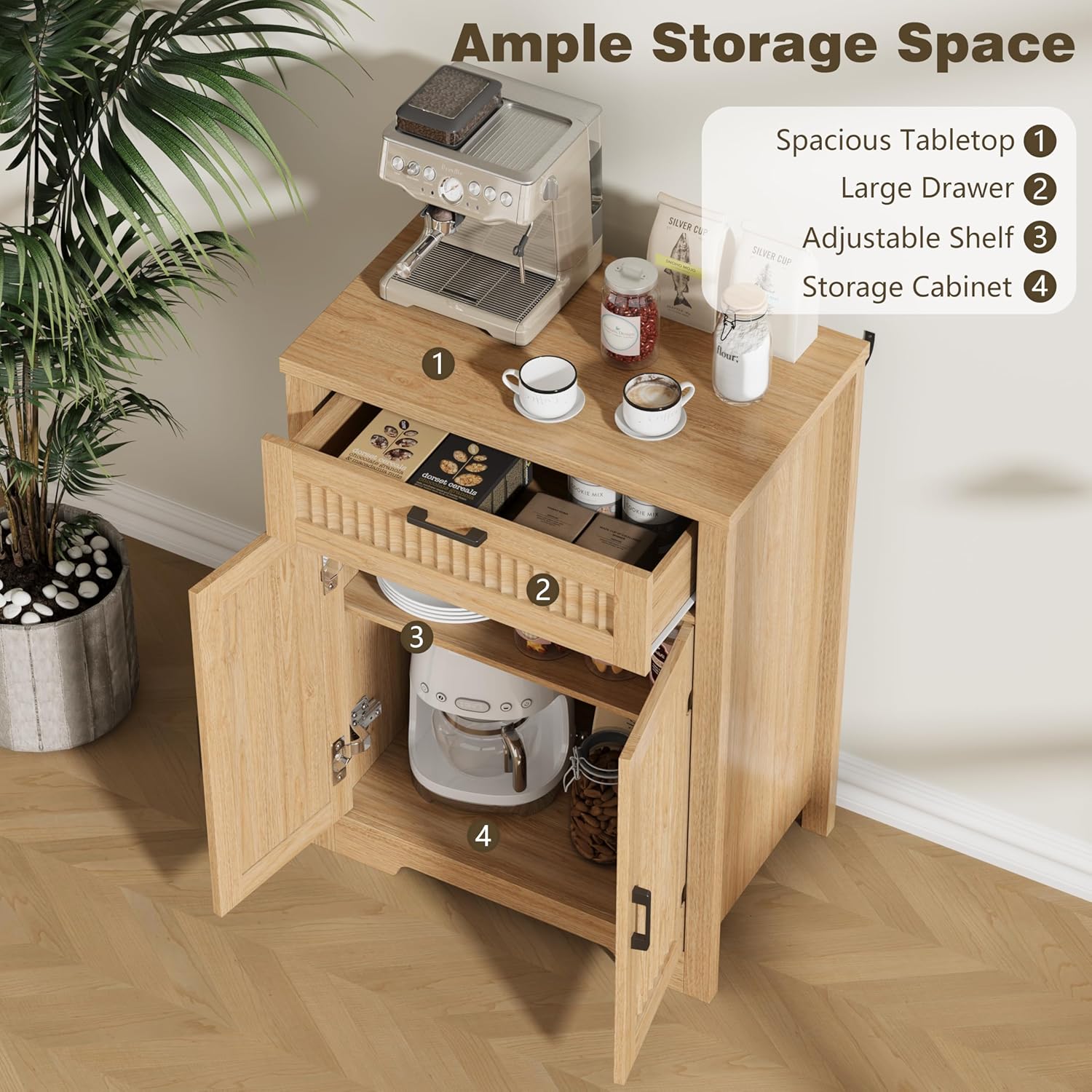Buffet Cabinet with Storage Drawer, Farmhouse Coffee Bar Table with Storage Drawer and Adjustable Shelf, Small Fluted Sideboard Cabinet for Kitchen, Dining Room, Living Room, Entryway, Natural Oak