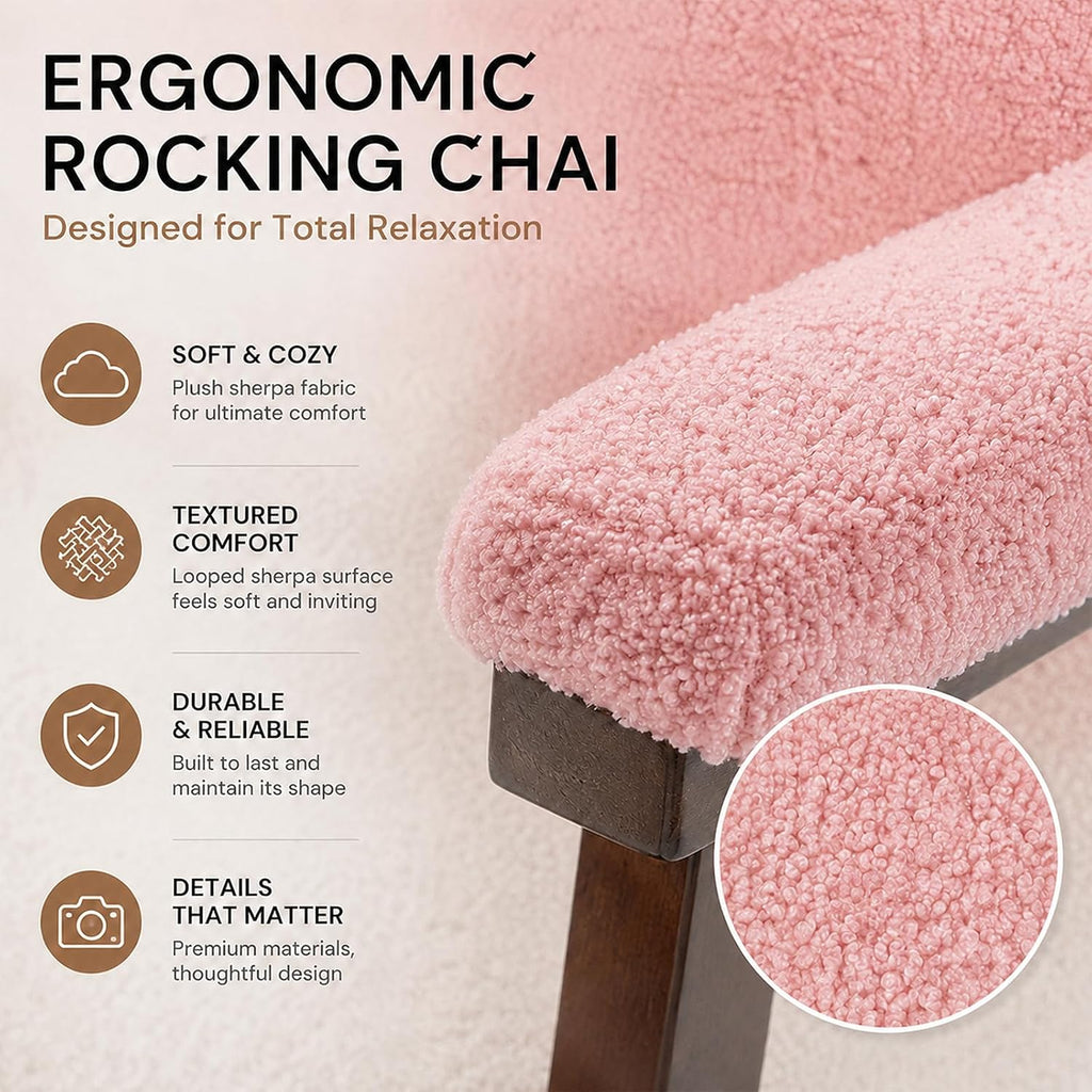 Nursery Rocking Chair, Pink Teddy Fabric Upholstered Rocking Accent Chair with Solid Wood Frame, High-Density Foam Cushion, Comfy Reading Armchair for Bedroom Nursery